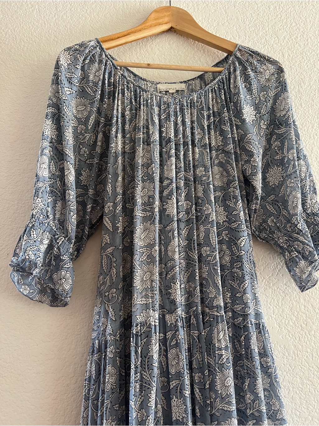 Daughters Of India Blue And White Floral Tiered Cotton Dress